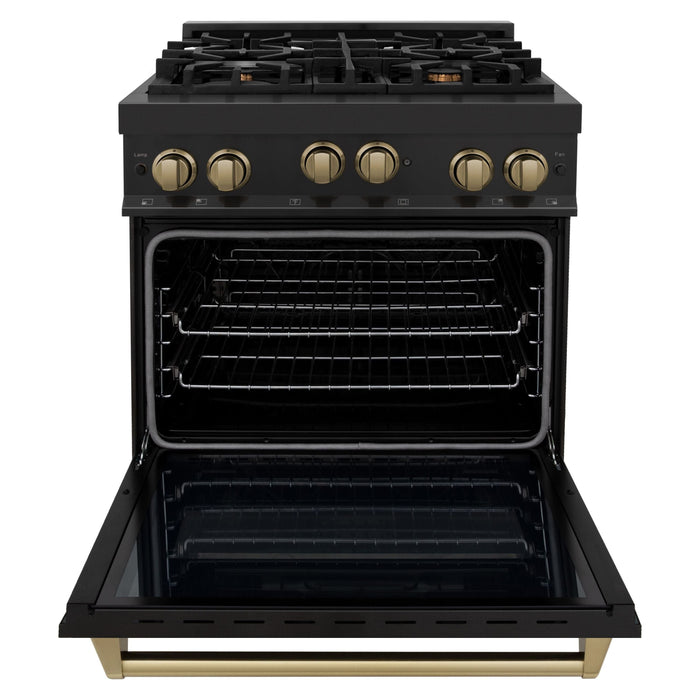 ZLINE Autograph Package - 30 In. Gas Range, Range Hood in Black Stainless Steel with Champagne Bronze Accents, 2AKP-RGBRH30-CB