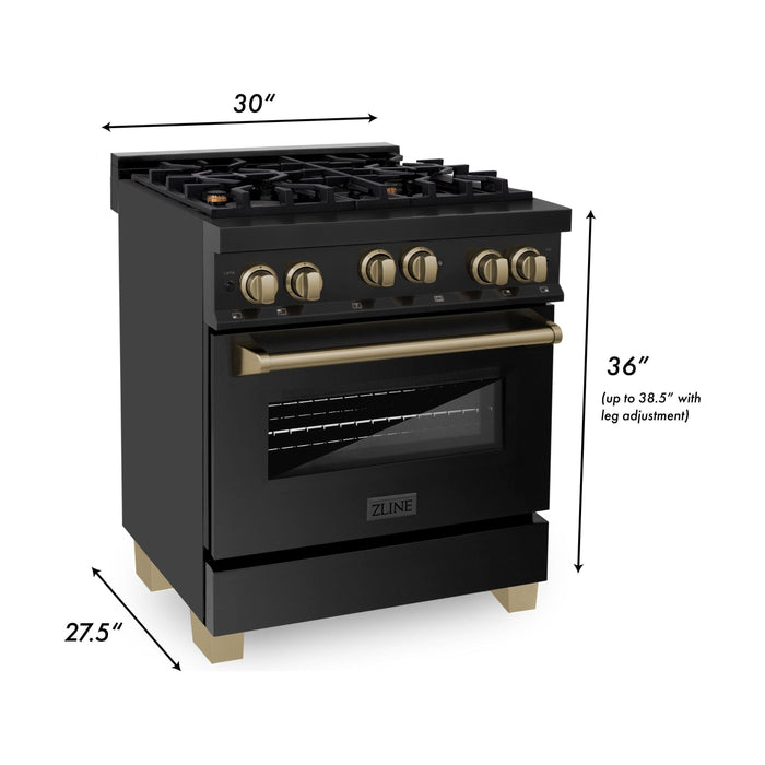 ZLINE Autograph Package - 30 In. Gas Range, Range Hood in Black Stainless Steel with Champagne Bronze Accents, 2AKP-RGBRH30-CB