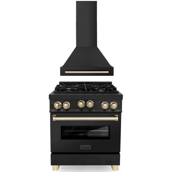 ZLINE Autograph Package - 30 In. Gas Range, Range Hood in Black Stainless Steel with Gold Accents, 2AKP-RGBRH30-G