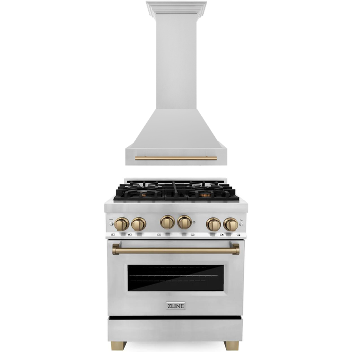 ZLINE Kitchen Appliance Packages ZLINE Autograph Package - 30 In. Gas Range, Range Hood in Stainless Steel with Champagne Bronze Accents, 2AKP-RGRH30-CB