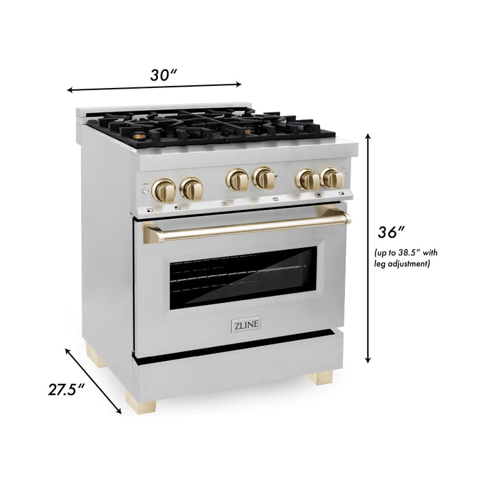 ZLINE Autograph Package - 30 In. Gas Range, Range Hood in Stainless Steel with Gold Accents, 2AKP-RGRH30-G