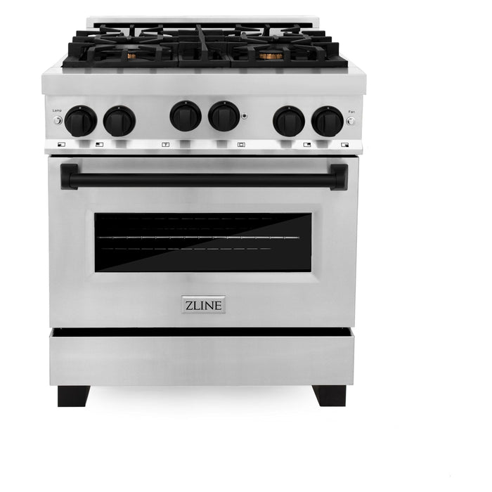 ZLINE Kitchen Appliance Packages ZLINE Autograph Package - 30 In. Gas Range, Range Hood in Stainless Steel with Matte Black Accents, 2AKP-RGRH30-MB