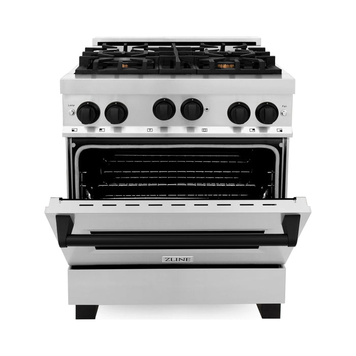 ZLINE Kitchen Appliance Packages ZLINE Autograph Package - 30 In. Gas Range, Range Hood in Stainless Steel with Matte Black Accents, 2AKP-RGRH30-MB