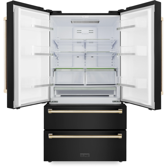 ZLINE Autograph Package - 30 In. Gas Range, Range Hood, Refrigerator, and Dishwasher in Black Stainless Steel with Gold Accents, 4AKPR-RGBRHDWV30-G