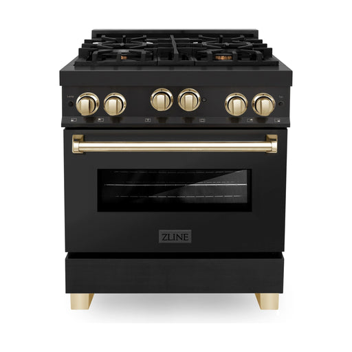 ZLINE Autograph Package - 30 In. Gas Range, Range Hood, Refrigerator, and Dishwasher in Black Stainless Steel with Gold Accents, 4AKPR-RGBRHDWV30-G