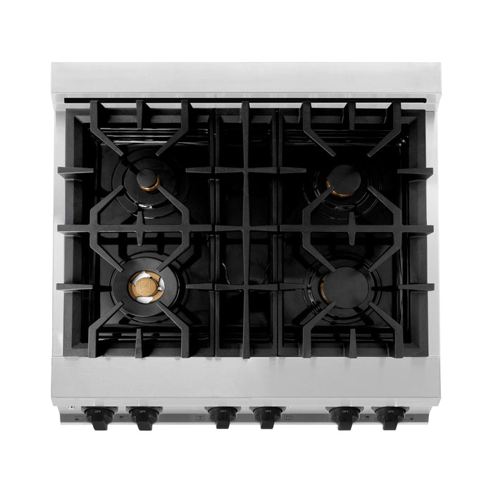 ZLINE Autograph Package - 30 In. Gas Range, Range Hood, Refrigerator, and Dishwasher in Stainless Steel with Matte Black Accents, 4AKPR-RGRHDWM30-MB