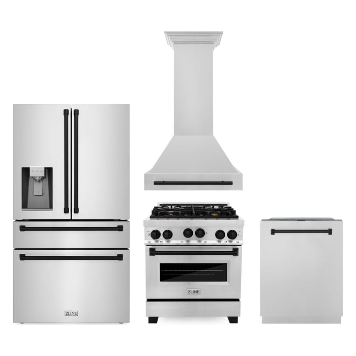 ZLINE Kitchen Appliance Packages ZLINE Autograph Package - 30 In. Gas Range, Range Hood, Refrigerator, and Dishwasher in Stainless Steel with Matte Black Accents, 4AKPR-RGRHDWM30-MB