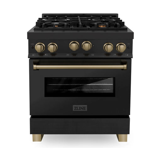 ZLINE Autograph Package - 30 In. Gas Range, Range Hood, Refrigerator with Water and Ice Dispenser, and Dishwasher in Black Stainless Steel with Champagne Bronze Accents, 4KAPR-RGBRHDWV30-CB