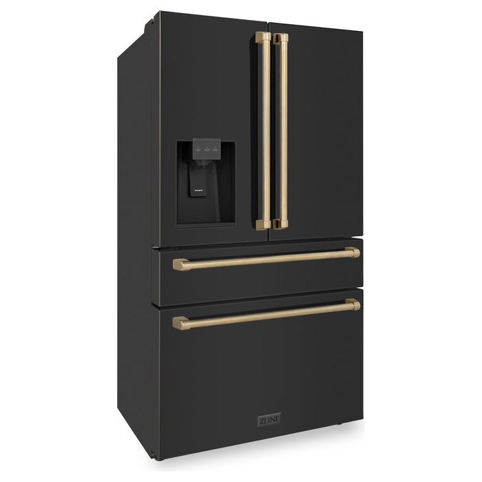 ZLINE Kitchen Appliance Packages ZLINE Autograph Package - 30 In. Gas Range, Range Hood, Refrigerator with Water and Ice Dispenser, and Dishwasher in Black Stainless Steel with Champagne Bronze Accents, 4KAPR-RGBRHDWV30-CB