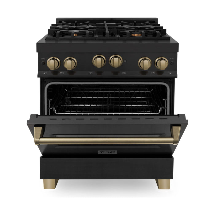 ZLINE Kitchen Appliance Packages ZLINE Autograph Package - 30 In. Gas Range, Range Hood, Refrigerator with Water and Ice Dispenser, and Dishwasher in Black Stainless Steel with Champagne Bronze Accents, 4KAPR-RGBRHDWV30-CB