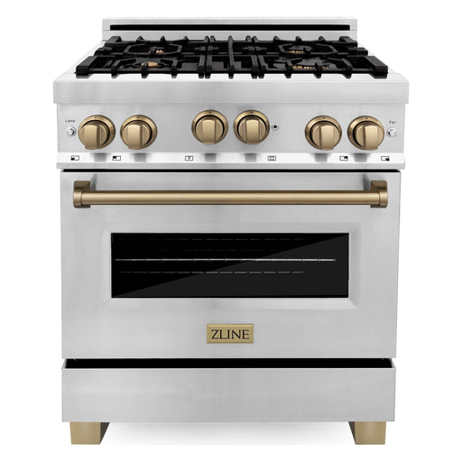 ZLINE Autograph Package - 30 In. Gas Range, Range Hood, Refrigerator with Water and Ice Dispenser, Dishwasher with Champagne Bronze Accent, 4AKPR-RGRHDWM30-CB