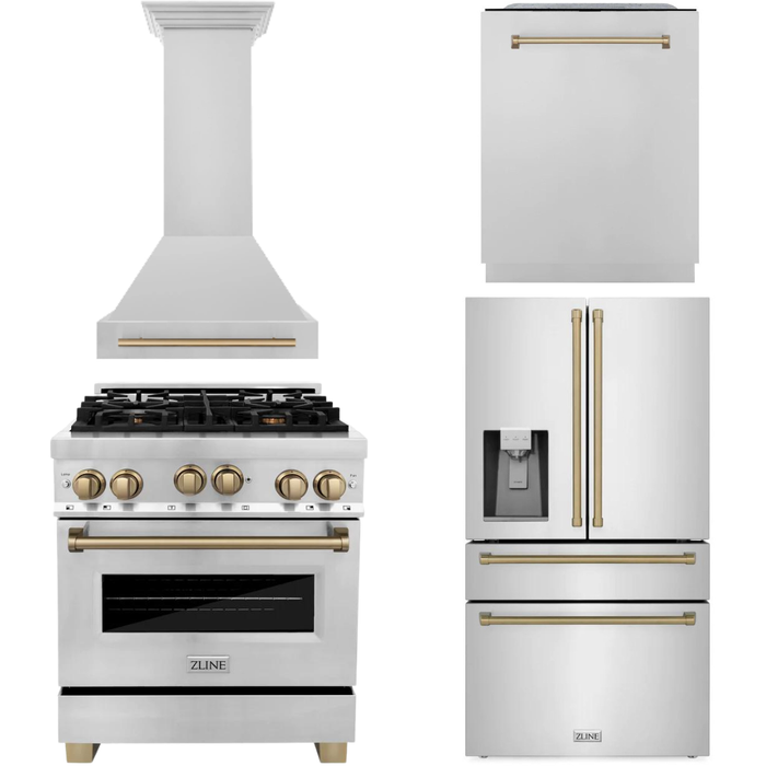 ZLINE Autograph Package - 30 In. Gas Range, Range Hood, Refrigerator with Water and Ice Dispenser, Dishwasher with Champagne Bronze Accent, 4AKPR-RGRHDWM30-CB