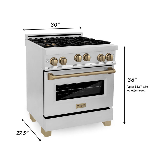 ZLINE Kitchen Appliance Packages ZLINE Autograph Package - 30 In. Gas Range, Range Hood, Refrigerator with Water and Ice Dispenser, Dishwasher with Champagne Bronze Accent, 4AKPR-RGRHDWM30-CB
