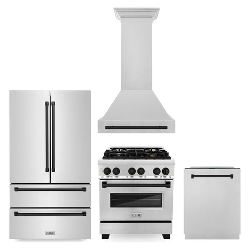 ZLINE Autograph Package - 30 Inch Dual Fuel Range, Range Hood, Dishwasher, Refrigerator in Stainless Steel with Matte Black Accents, 4KAPR-RARHDWM30-MB