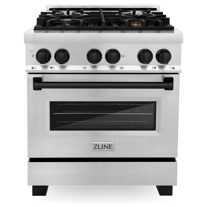 ZLINE Autograph Package - 30 Inch Dual Fuel Range, Range Hood, Dishwasher, Refrigerator in Stainless Steel with Matte Black Accents, 4KAPR-RARHDWM30-MB