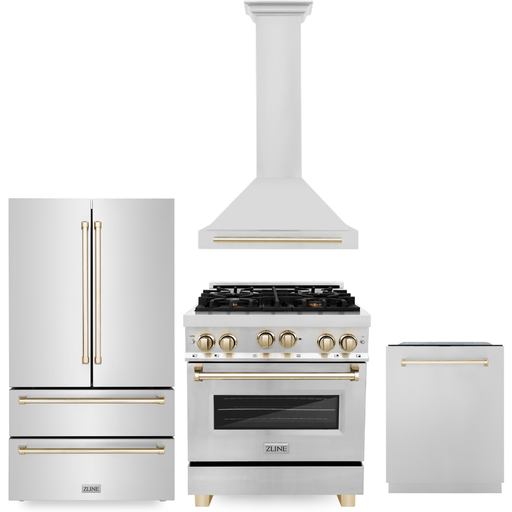 ZLINE Kitchen Appliance Packages ZLINE Autograph Package - 30 Inch Gas Range, Range Hood, Dishwasher, Refrigerator in Stainless Steel with Gold Accents, 4KAPR-RGRHDWM30-G