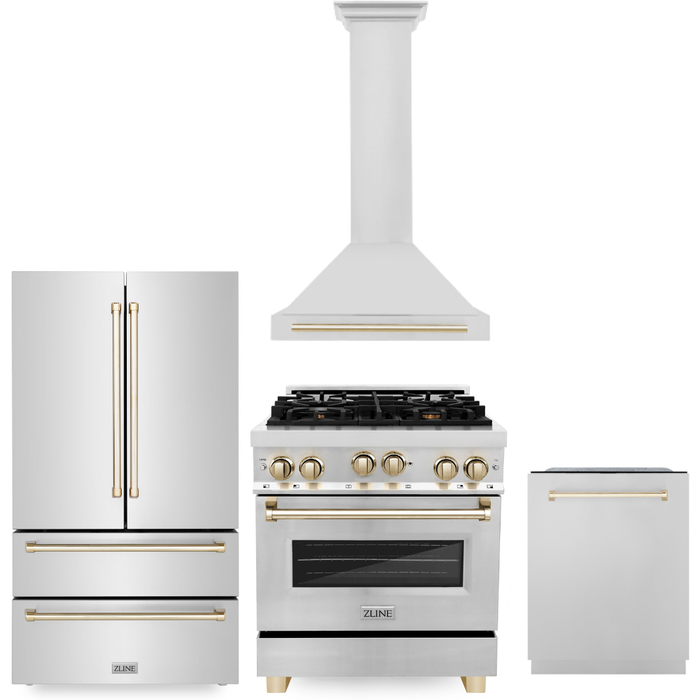 ZLINE Kitchen Appliance Packages ZLINE Autograph Package - 30 Inch Gas Range, Range Hood, Dishwasher, Refrigerator in Stainless Steel with Gold Accents, 4KAPR-RGRHDWM30-G