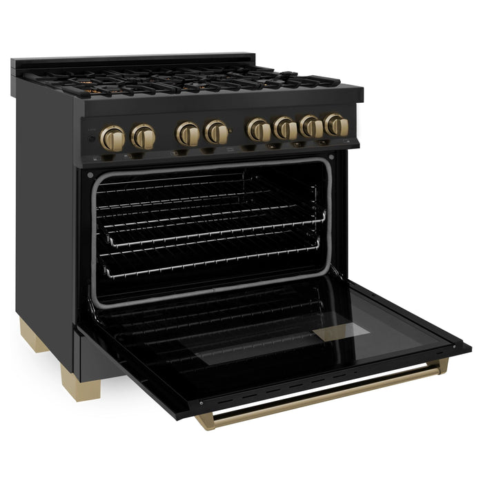 ZLINE Kitchen Appliance Packages ZLINE Autograph Package - 36" Dual Fuel Range, Range Hood, Refrigerator, Microwave and Dishwasher in Black Stainless Steel with Bronze Accents