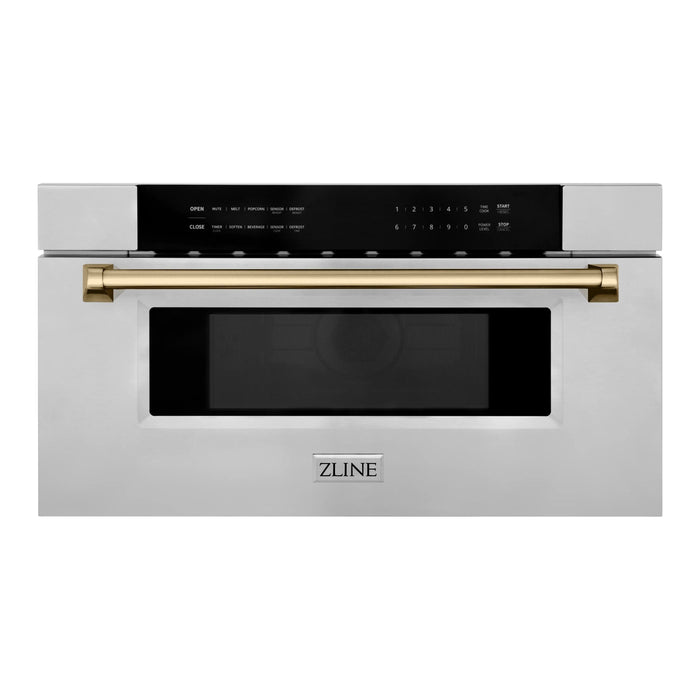 ZLINE Kitchen Appliance Packages ZLINE Autograph Package - 36" Dual Fuel Range, Range Hood, Refrigerator with Water and Ice Dispenser, Microwave and Dishwasher in Stainless Steel with Bronze Accents