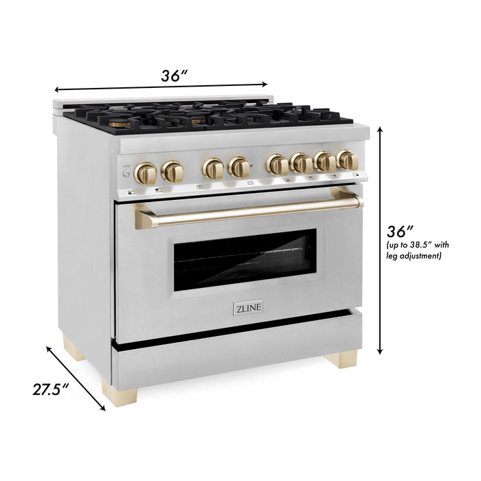 ZLINE Kitchen Appliance Packages ZLINE Autograph Package - 36" Dual Fuel Range, Range Hood, Refrigerator with Water and Ice Dispenser, Microwave and Dishwasher in Stainless Steel with Gold Accents