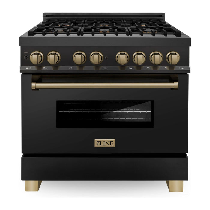 ZLINE Autograph Package - 36 In. Dual Fuel Range and Range Hood in Black Stainless Steel with Champagne Bronze Accents, 2AKP-RABRH36-CB