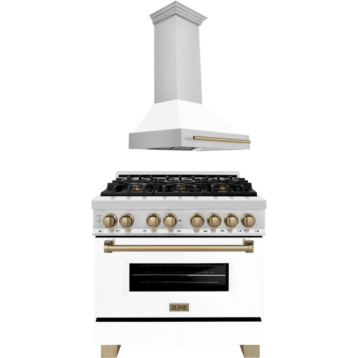 ZLINE Kitchen Appliance Packages ZLINE Autograph Package - 36 In. Dual Fuel Range and Range Hood with White Matte Door and Bronze Accents, 2AKP-RAWMRH36-CB