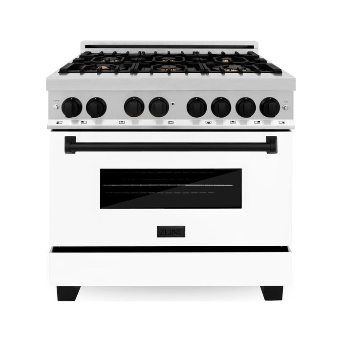 ZLINE Kitchen Appliance Packages ZLINE Autograph Package - 36 In. Dual Fuel Range and Range Hood with White Matte Door and Matte Black Accents, 2AKP-RAWMRH36-MB