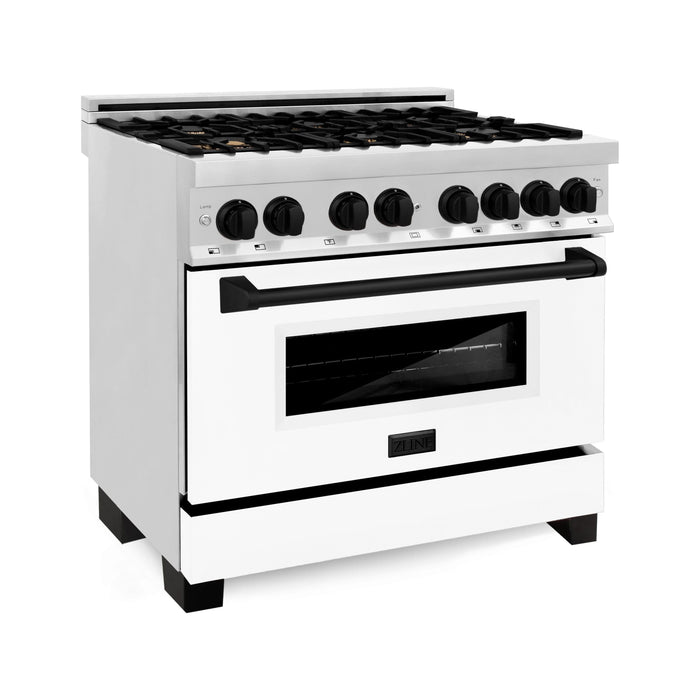 ZLINE Kitchen Appliance Packages ZLINE Autograph Package - 36 In. Dual Fuel Range and Range Hood with White Matte Door and Matte Black Accents, 2AKP-RAWMRH36-MB