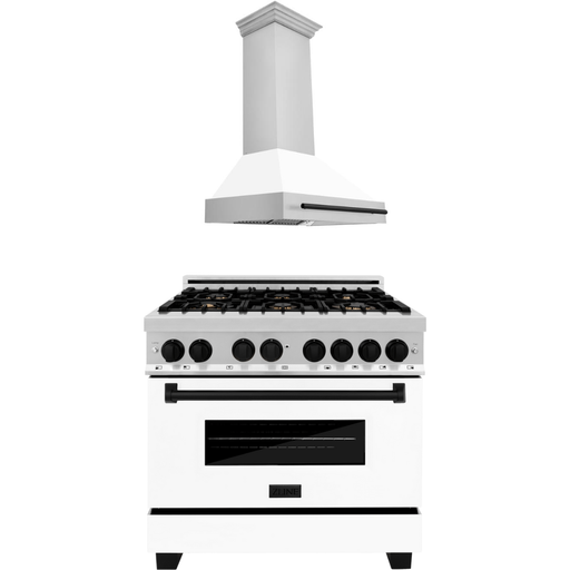 ZLINE Autograph Package - 36 In. Dual Fuel Range and Range Hood with White Matte Door and Matte Black Accents, 2AKP-RAWMRH36-MB