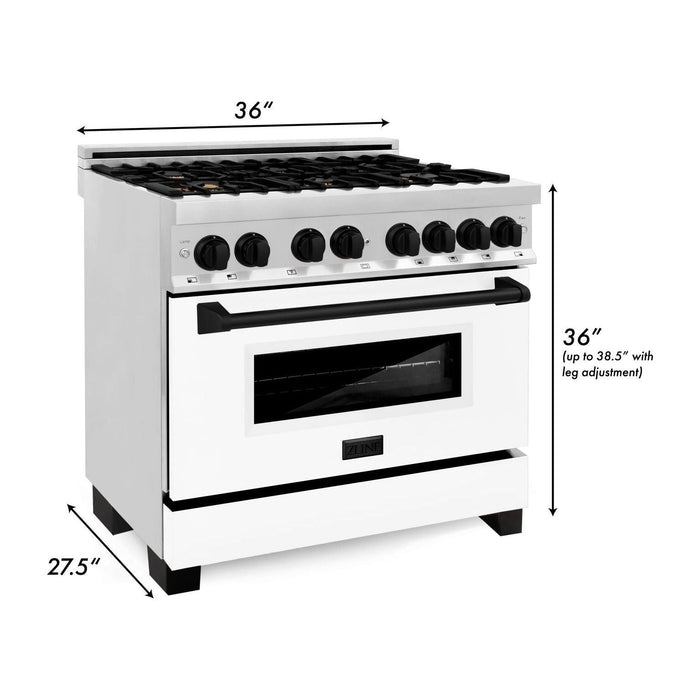 ZLINE Autograph Package - 36 In. Dual Fuel Range and Range Hood with White Matte Door and Matte Black Accents, 2AKP-RAWMRH36-MB