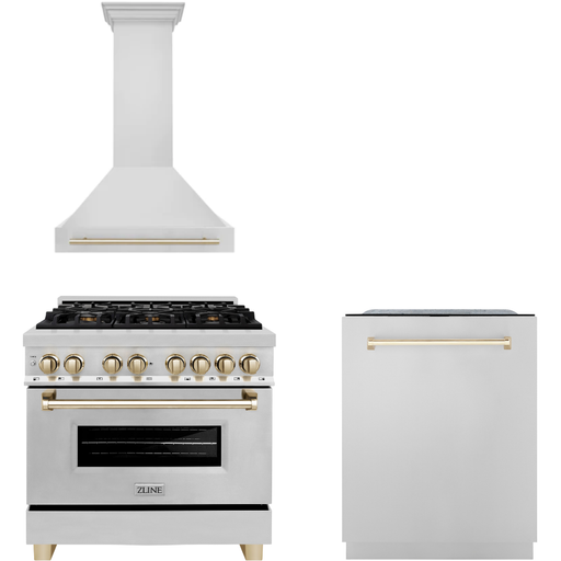 ZLINE Kitchen Appliance Packages ZLINE Autograph Package - 36 In. Dual Fuel Range, Range Hood and Dishwasher in Stainless Steel with Gold Accents, 3AKP-RARHDWM36-G