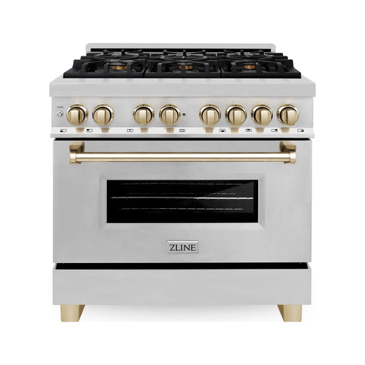 ZLINE Kitchen Appliance Packages ZLINE Autograph Package - 36 In. Dual Fuel Range, Range Hood and Dishwasher in Stainless Steel with Gold Accents, 3AKP-RARHDWM36-G