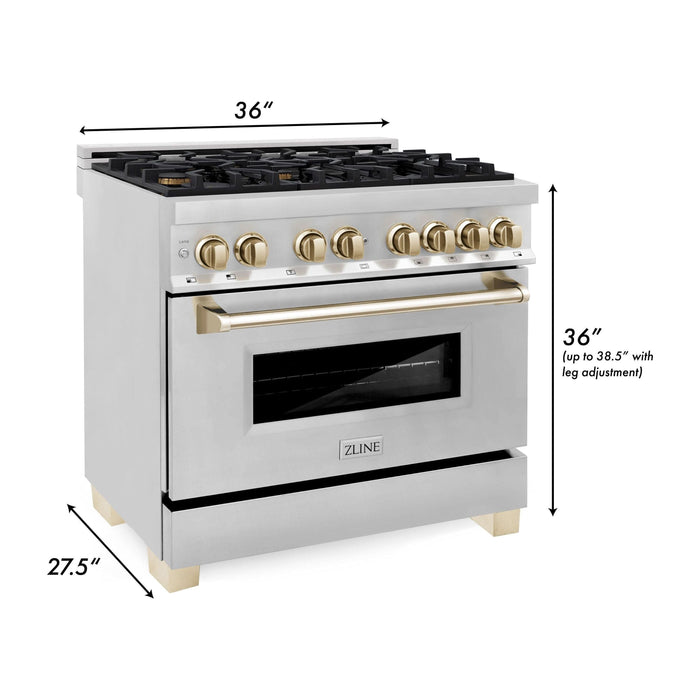 ZLINE Autograph Package - 36 In. Dual Fuel Range, Range Hood and Dishwasher in Stainless Steel with Gold Accents, 3AKP-RARHDWM36-G