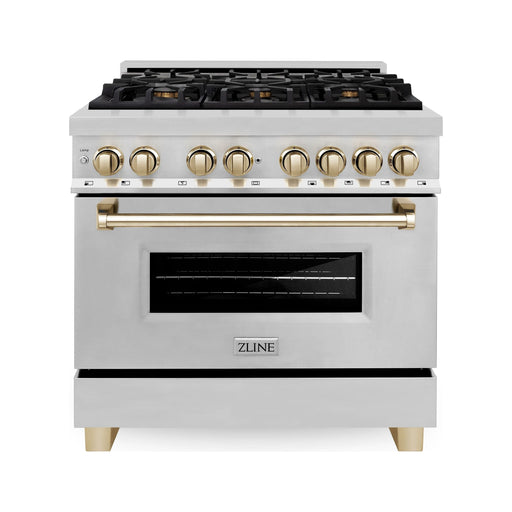 ZLINE Autograph Package - 36 In. Dual Fuel Range, Range Hood and Dishwasher in Stainless Steel with Gold Accents, 3AKP-RARHDWM36-G