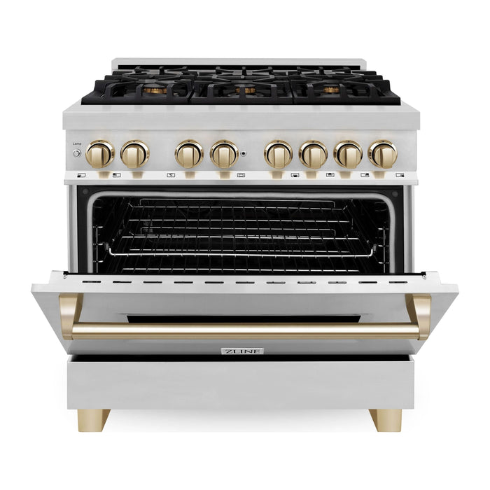 ZLINE Autograph Package - 36 In. Dual Fuel Range, Range Hood and Dishwasher in Stainless Steel with Gold Accents, 3AKP-RARHDWM36-G