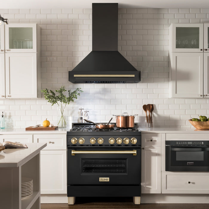 ZLINE Kitchen Appliance Packages ZLINE Autograph Package - 36 In. Dual Fuel Range, Range Hood, Dishwasher in Black Stainless Steel with Gold Accent, 3AKP-RABRHDWV36-G