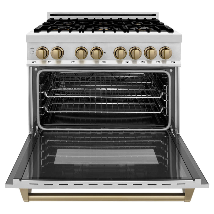 ZLINE Autograph Package - 36 In. Dual Fuel Range, Range Hood, Dishwasher in Stainless Steel with Champagne Bronze Accents, 3AKP-RARHDWM36-CB