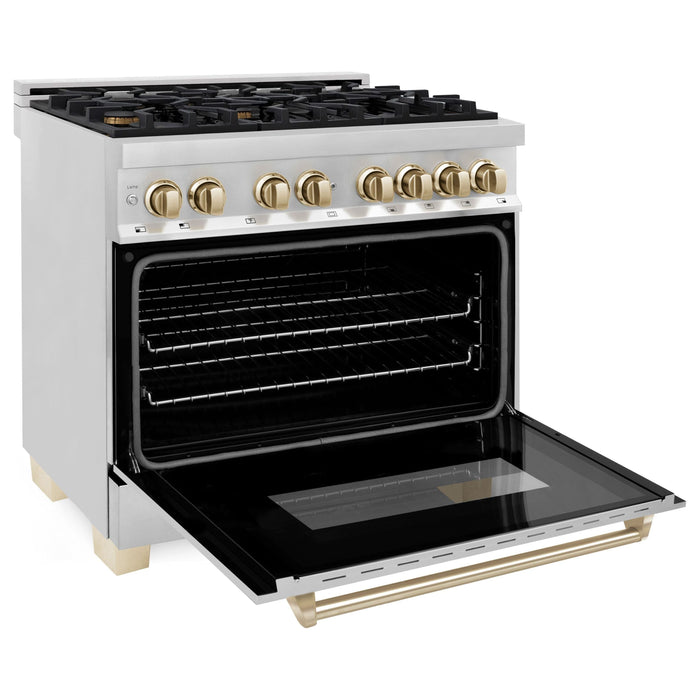 ZLINE Kitchen Appliance Packages ZLINE Autograph Package - 36 In. Dual Fuel Range, Range Hood, Dishwasher, Refrigerator with Gold Accents, 4KAPR-RARHDWM36-G
