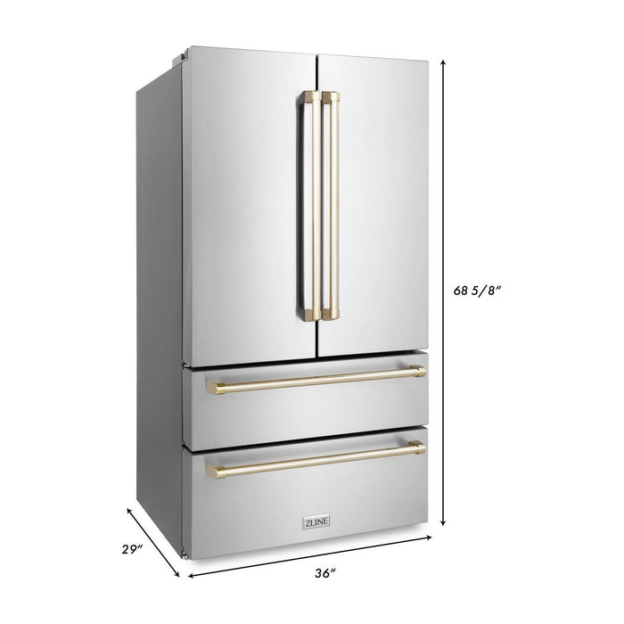 ZLINE Kitchen Appliance Packages ZLINE Autograph Package - 36 In. Dual Fuel Range, Range Hood, Dishwasher, Refrigerator with Gold Accents, 4KAPR-RARHDWM36-G