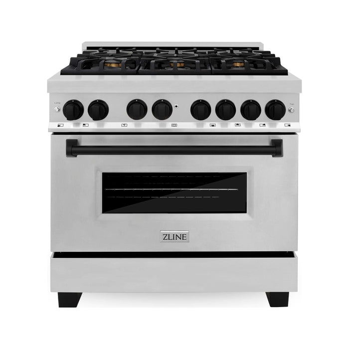 ZLINE Autograph Package - 36 In. Dual Fuel Range, Range Hood, Dishwasher, Refrigerator with Matte Black Accents, 4KAPR-RARHDWM36-MB