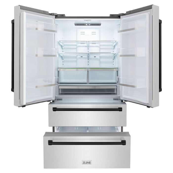 ZLINE Kitchen Appliance Packages ZLINE Autograph Package - 36 In. Dual Fuel Range, Range Hood, Dishwasher, Refrigerator with Matte Black Accents, 4KAPR-RARHDWM36-MB