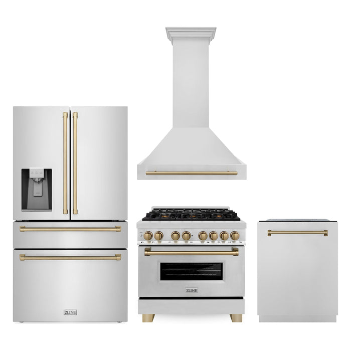 ZLINE Autograph Package - 36 In. Dual Fuel Range, Range Hood, Dishwasher, Refrigerator with Water and Ice Dispenser with Champagne Bronze Accents, 4AKPR-RARHDWM36-CB