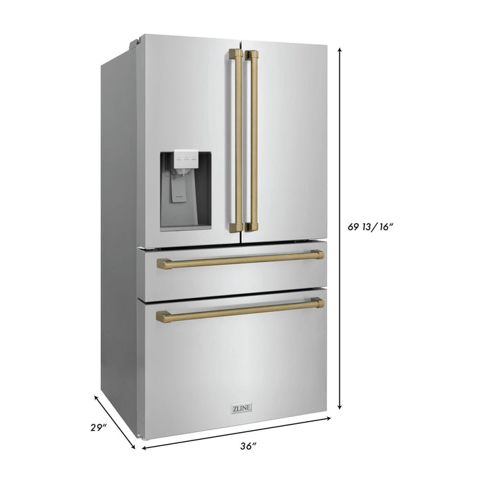 ZLINE Autograph Package - 36 In. Dual Fuel Range, Range Hood, Dishwasher, Refrigerator with Water and Ice Dispenser with Champagne Bronze Accents, 4AKPR-RARHDWM36-CB