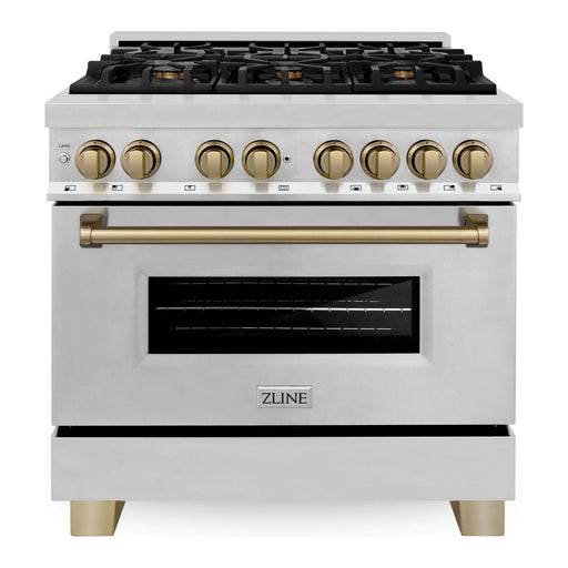 ZLINE Autograph Package - 36 In. Dual Fuel Range, Range Hood, Dishwasher, Refrigerator with Water and Ice Dispenser with Champagne Bronze Accents, 4AKPR-RARHDWM36-CB