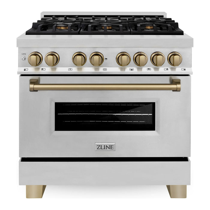 ZLINE Kitchen Appliance Packages ZLINE Autograph Package - 36 In. Dual Fuel Range, Range Hood, Dishwasher, Refrigerator with Water and Ice Dispenser with Champagne Bronze Accents, 4AKPR-RARHDWM36-CB