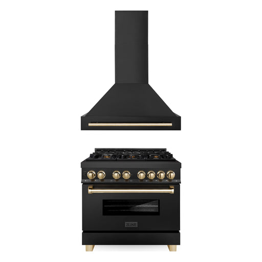 ZLINE Kitchen Appliance Packages ZLINE Autograph Package - 36 In. Dual Fuel Range, Range Hood in Black Stainless Steel with Gold Accents, 2AKP-RABRH36-G