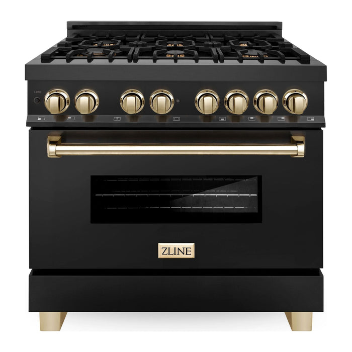 ZLINE Autograph Package - 36 In. Dual Fuel Range, Range Hood in Black Stainless Steel with Gold Accents, 2AKP-RABRH36-G