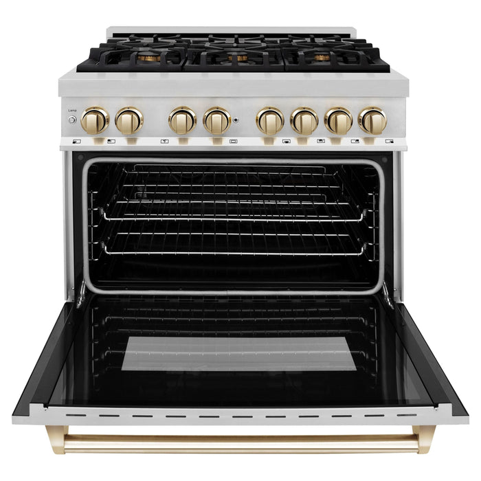 ZLINE Kitchen Appliance Packages ZLINE Autograph Package - 36 In. Dual Fuel Range, Range Hood in Stainless Steel with Gold Accents, 2AKP-RARH36-G