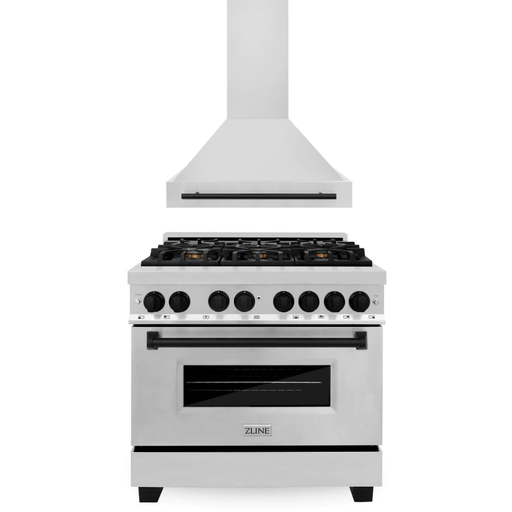 ZLINE Autograph Package - 36 In. Dual Fuel Range, Range Hood in Stainless Steel with Matte Black Accents, 2AKP-RARH36-MB