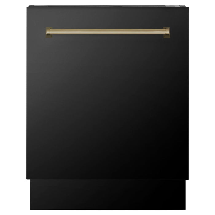 ZLINE Autograph Package - 36 In. Dual Fuel Range, Range Hood, Refrigerator, Microwave and Dishwasher in Black Stainless Steel with Bronze Accents